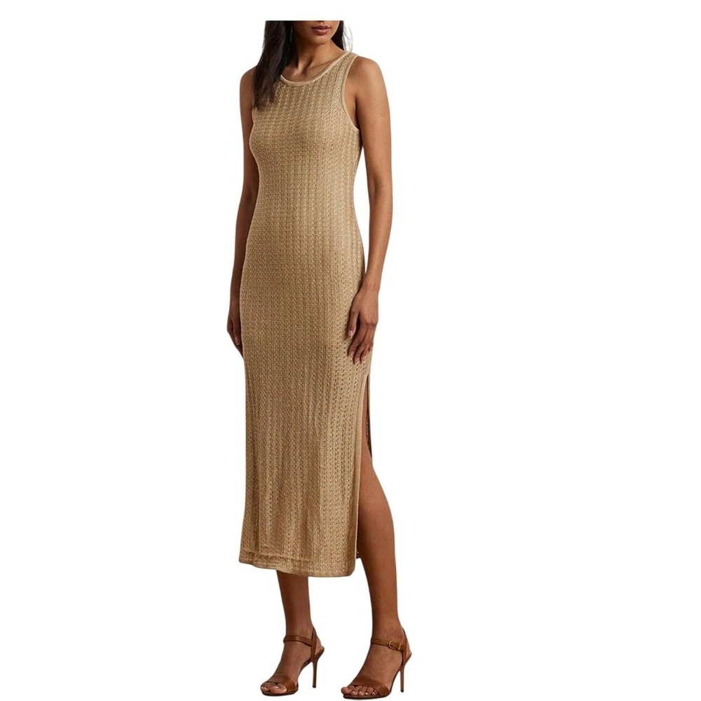 Lauren Ralph Lauren NWT SZ XL Gold Knit Sleeveless Maxi Dress‎ Side Slits Ribbed